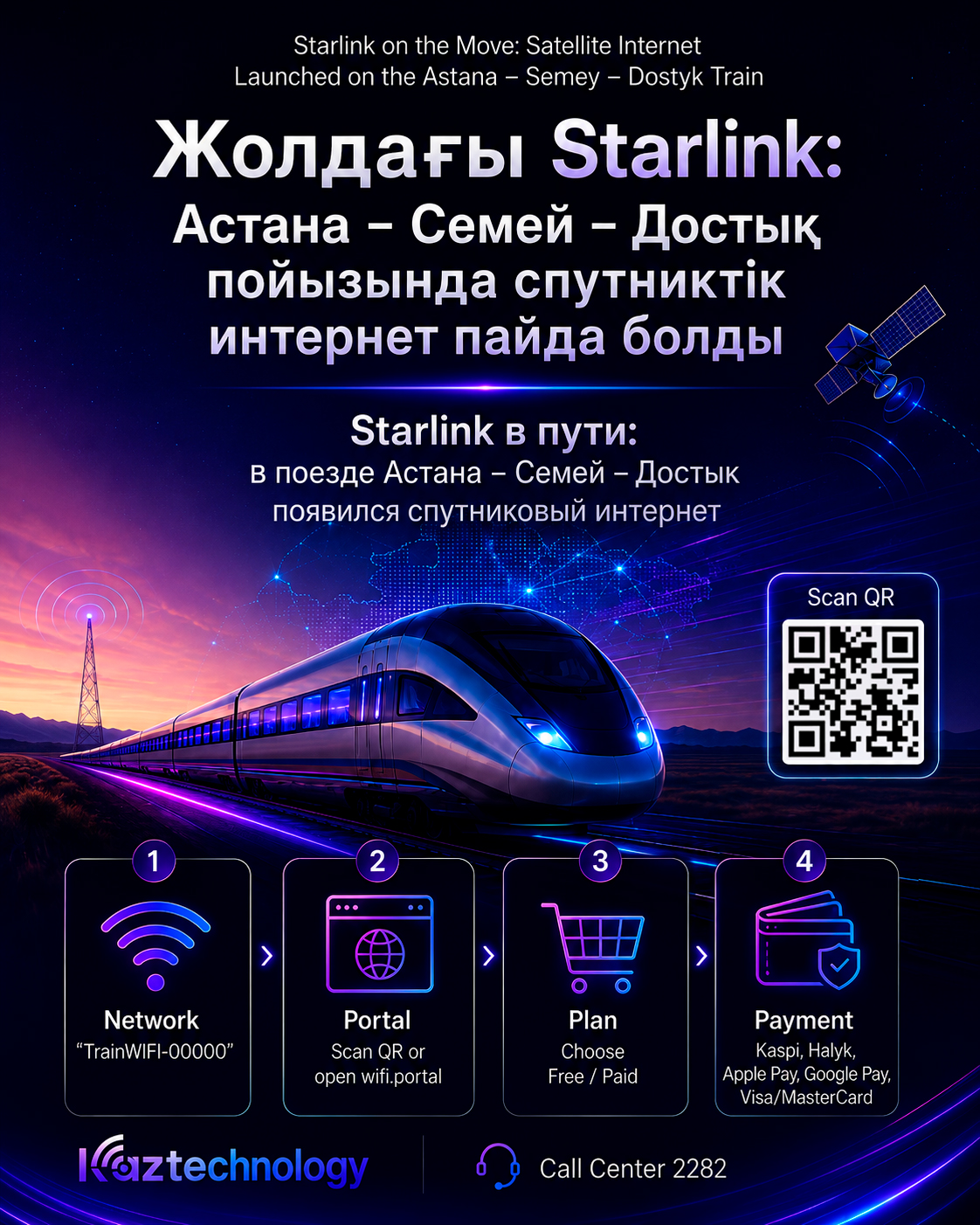 Starlink в пути: в поезде Астана – Семей – Достык появился спутниковый интернет